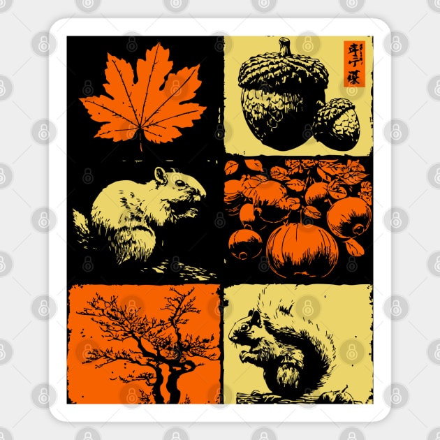 Autumn Squirrel - Retro Ukiyo-e Fall Aesthetic Magnet by TuncGK